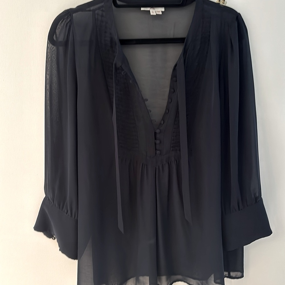 Joie sheer navy blue tie bib front blouse size L